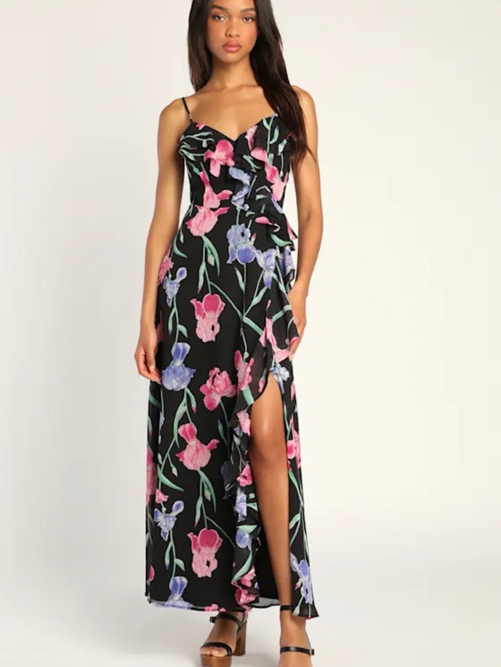Lulus Black Floral Maxi Dress Ruffles